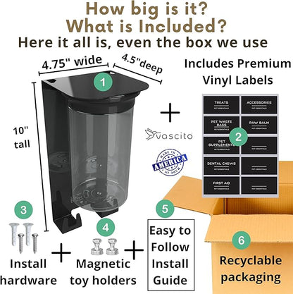 Dog Treat Holder For Wall Storage For Pets, Premium Pet Wall Organizer, Includes One 32oz Airtight Dog Treat Jar, 2 Sets of Triple Hooks, Sturdy Shelf in Modern Black