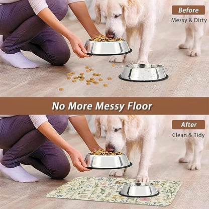 Wildflowers Dog Cat Food Mat,Vintage Botanical Garden Plants Herb Butterfly Absorbent Pet Feeding Mat for Food and Water,Non-Slip Dog Bowl Mats Floor Protector 16"x24"