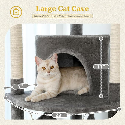 PETEPELA Floor to Ceiling Cat Tree, 92.9''-101.6''Height Adjustable Cat Tower Tall Cat Climbing Play House, Cozy Condo, Scratching Post and Spacious Hammock for Indoor Cats Large Adult, Gray
