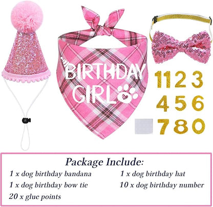 STMK Dog Birthday Outfits, Multi Size Dog Birthday Hat Dog Birthday Girl Bandana Bow Tie Birthday Numbers for Medium Large Dogs Pets (Pink, Large)