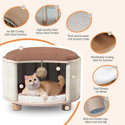 Solid Wood Cats House Stool, 300-lb Capacity. Large Cat Bed Cave for Indoor Cats & Humans. Cat Toy Ball, Removable Scratching Pad, Fleece Blanket. Suitable for Pets Under 20 lbs. 15.7"x15.7"x10.6"