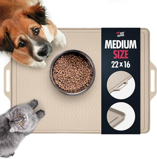 Tuff Pupper 22x16 Medium Dog Feeding Mat for Food and Water | Dog Food Mats for Floors | Waterproof Dogs Water Bowl Mats | Dogs Placemats Pet Food-Mat | Silicone Feeding Mat for Cats and Cat Bowls