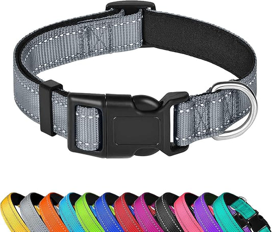 Reflective Dog Collar, Adjustable Soft Neoprene Padded Nylon Pet Collars with Buckle for Small Dogs, Gray,S