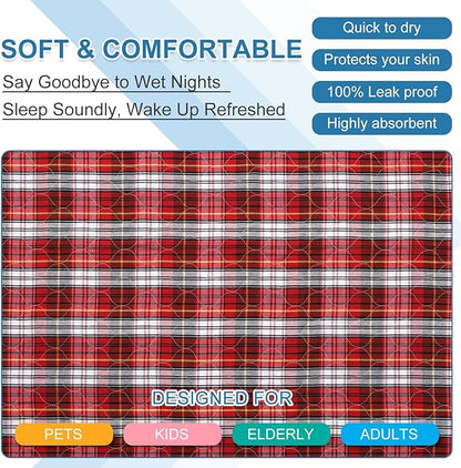 OUTCREATOR® Washable Bed Pads 34" x 54" (Pack of 2) for Incontinence Mattress Protector, Reusable Underpads for Elderly, Adults, Kids, Pets with Anti-Slip Bottom (Red Plaid)