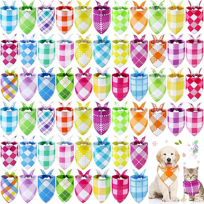 Sweetude 60 Pcs Easter Plaid Dog Bandanas Bulk Easter Pet Scarf Bibs Adjustable Washable Kerchief Holiday Pet Costume Accessories Grooming Supplies for Small to Large Cats Dogs