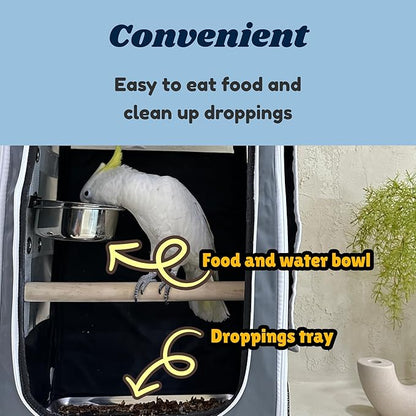 Birds Day Cockatoo Carrier Backpack-Parrot Travel Cage with Wooden Perch and Food Bowl, Stainless Steel Tray (Charcoal Gray, Cockatoo & Similar)