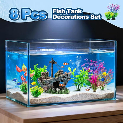 8Pcs Fish Tank Decorations Set Sunken Ship Decoration,Resin Material Fish Tank Accessories Accessories for Natural Look, Aquarium Shipwreck x 1pc, Aquatic Plants x 7pcs