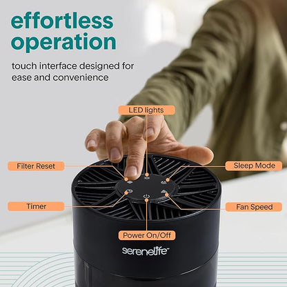 SereneLife Portable Air Purifier - Small Air Purifier with Aroma Box & Ambient Light, High Filtration Efficiency, 2-Speed, Timer & Sleep Mode, Filter Change Reminder, 6 x 6 x 12 in. (Black)