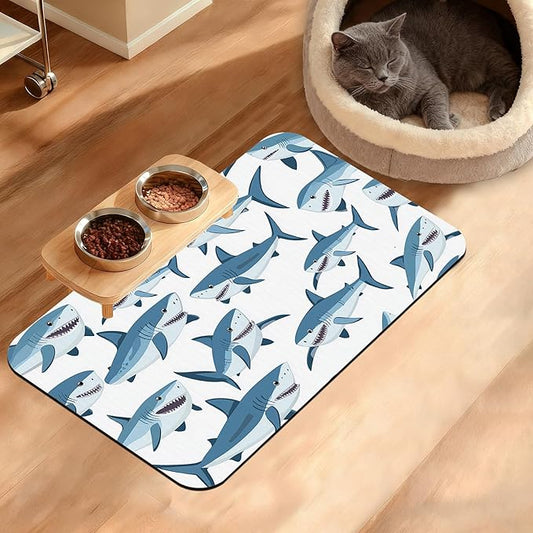 Shark Dog Food Mat,Wild Fish Absorbent Pet Feeding Mat for Food and Water Bowl,Quick Dry Dog Placemat Non Slip Rubber Backing Waterproof Pet Supplies 12" x 20"
