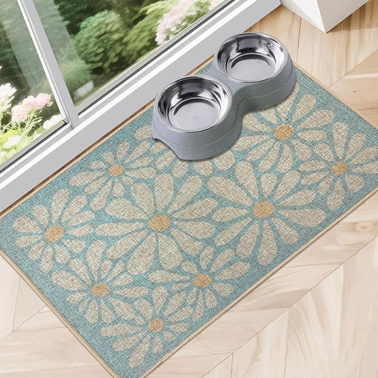 SHIYUE Dog Food Mats for Floors, Absorbent Cat Bowl for Food and Water, Non-Slip Accessories Pet Supplies(12"x20",Sky Blue Flower)