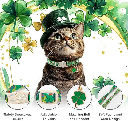 2 Pack St. Patrick’s Day Cat Collars - Breakaway Cat Collar with Bell, Green Clover Pendant, Adjustable Cute Kitten Collars for Boy Girl Cats, Beer&Flower Irish Shamrock
