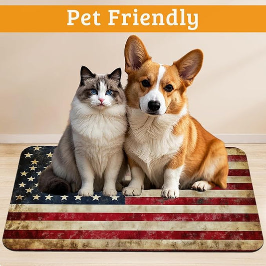 Retro Flag Dog Cat Food Mat,Absorbent Waterproof Placemat for Food and Water Non Slip Rubber Backing Durable Feeding Pad for Clean Floors 12" x 20"