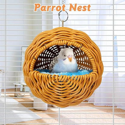 BNOSDM Rattan Bird Nest Parrot Nesting House Parakeet Hanging Swing Soft Lovebird Warm Bed Sleeping for Parrots Bird Cage Accessories for Cockatiels Budgerigars Finches Canaries (G-Hole Style)