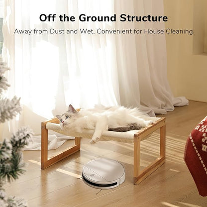 FUKUMARU Cat Bed Hammock, Cozy Velvet Cat Couch for Indoor Cats, Raised Wooden Cats Perch, 21 Inch Pet Sofa, Outdoor Dog Beds, Suitable for Puppy, Bunny and Small Animal, White