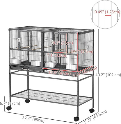 PawHut Divided Breeder Bird Cage with Rolling Stand Removable Metal Tray, Storage Shelf, Wood Perch, and Food Container