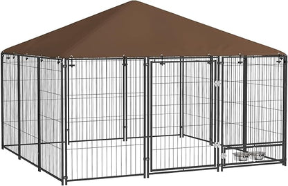 PawHut Outside Dog Kennel, 7' x 7' x 5' Puppy Play Pen with Canopy, Garden Playpen Fence Crate Enclosure Cage Rotating Bowl, for Dogs, Chickens, Ducks, Black