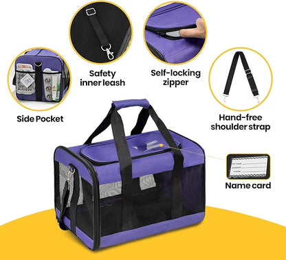Dog Carrier Soft Sided, Large Cat Carrier with Inner Safety Leash, Pet Transport Carrier for Large Cats and Medium Dogs up to 20 Lbs, Collapsible Travel Puppy Carrier Bag -Purple L