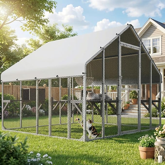 DWVO 94 Inch Catio Outdoor Cat Enclosure, Large Outdoor Cat House for Multiple Cats, Metal Cat Cage Outdoor with Weatherproof Roof, 7 Platforms, 2 Resting Box and Cat Hammock Bed