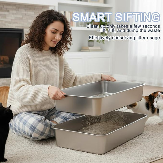 Teheao Stainless Steel Sifting Cat Litter Box for Clumping Litter, Kitty Large Metal Sifter Tray Pan with Cat Litter Bag, Low Dust, Odor Control, Easy Cleaning (15.7"*11.8"*5.9")