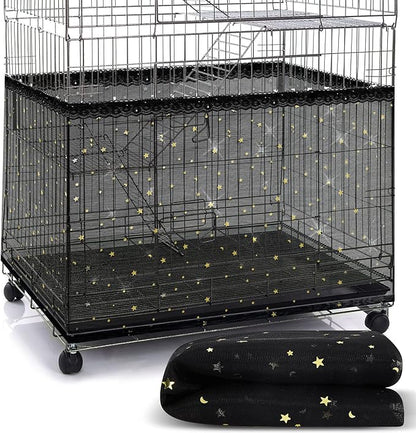 Shappy Large Bird Cage Birdcage Nylon Mesh Net Cover Seed Feather Catcher Universal Birdcage Cover Bird Seed Guard Skirt for Parakeet Macaw African Square Cage (Black Star Style, XL)