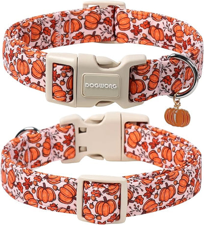 DOGWONG Pumpkin Dog Collar- Cute Pink Fall Dog Collars Adjustable Maple Fall Dog Collar for Small Medium Large Dogs L