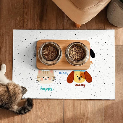 Pet Feeding Mat 24x16 inch Cat and Dog Print Meal Pad Non Slip Floor Mat for Food and Water Indoor Feeding Station Cute Pet Bowl Placemat for Small Cats and Dogs Kitchen Use