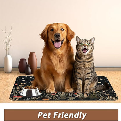 Red Mushrooms Pet Feeding Mat,Wildflower Plant Butterfly Absorbent Quick-Dry Cat Dog Food and Water Bowl Mats,Non-Slip Rubber Backing Mat,Cat Dog Accessories Supplies 16"x24"