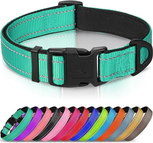 Joytale Reflective Dog Collar, Soft Neoprene Padded, Metal D-Ring, Nylon Pet Collar Adjustable for Extra Large Dogs, Teal, XL