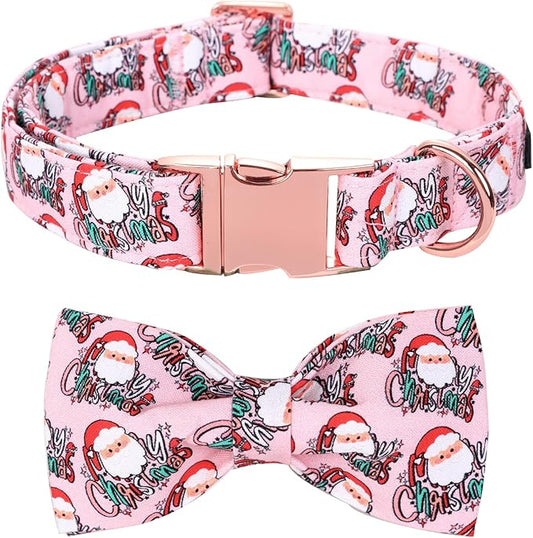 Christmas Dog Collar, Pink Christmas Santa Claus Dog Collar Bow Tie Pet Collars with Bow Adjustable Pet Collars with Premium Metal Buckle Dogs Necklace for X-Small Girl Dogs