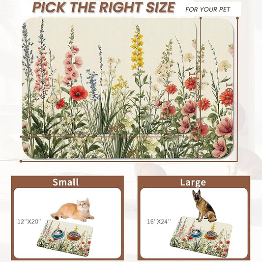 Vintage Flower Botanical Garden Dog Cat Food Mat,Absorbent Pet Feeding Mat for Food and Water,Non-Slip Dog Bowl Mats Floor Protector 16"x24"