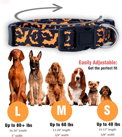 Native Pup Halloween Dog Collar- Spooky Fall Themed Horror Costume Collars- Skull, Pumpkin, Ghost, Bat, Witch, Candy Corn, Spider- Adjustable for Small, Medium, Large Breeds (Small, Orange Bats)