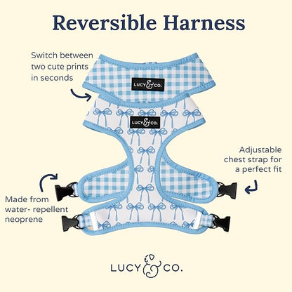 Lucy & Co. Cute Reversible Dog Harness Walking Halter - Best Designer Pet Harnesses for XS - XL Dogs - Padded Adjustable Vest for Easy Walking - Medium - White with Blue Bows