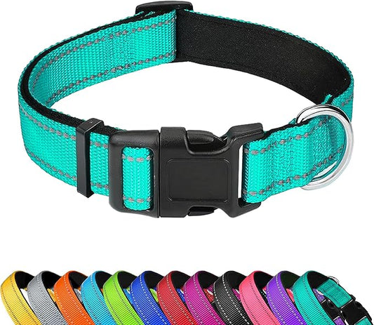 Reflective Dog Collar, Adjustable Soft Neoprene Padded Nylon Pet Collars with Buckle for Extra Large Dogs, Teal,XL