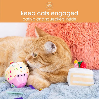Pearhead Happy Birthday Cake Cat Toy Set, Stuffed Birthday Cake and Cupcake Cat Toys with Catnip and Squeakers, Interactive Fun Kitten Toys, Pet Owner Pet Birthday Gift, Ideal for Cat Lovers, Set of 2