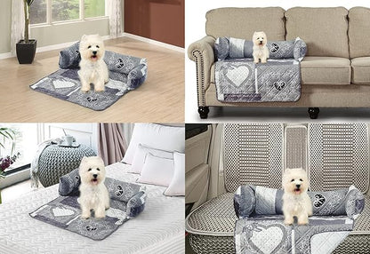 Brilliant Sunshine Quilted Calming Dog Bed Mat, Removable Washable Cover, Cushion Protector and Couch Covers for Dogs, Pets, Cats, Medium, Grey Heart Love Patchwork
