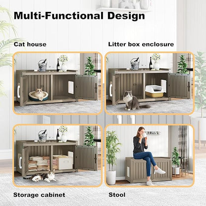 Cat Litter Box Enclosure Resin Hidden Cat Litter Box Furniture Multi-Functional Double Door Spacious Odorless Waterproof UV-Resistant Indoor Outdoor Use Grey