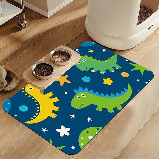 Cartoon Dino Pet Feeding Mat–Christmas Stocking Quick Dry Absorbent Dog Cat Food Mat, Non Slip Waterproof Bowl Placemat for Messy Eaters, Pet Accessories for Floors 16"x24"