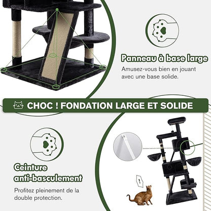 MUTICOR 66 Inches Multi-Level Large Cat Tree Tower for Indoor Big Feline/Cozy Plush Perches/Condo/Sisal Scratching Posts/Hammock and Baskets/Activity Center Play House/Wide Base/Dark Grey