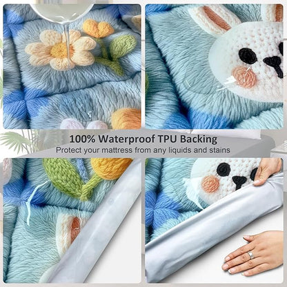 Twin Mattress Protector Waterproof, Fitted Sheet Style Breathable Mattress Cover with Deep Pocket Fits Up to 18'', Noiseless Bed Cover for Kids Adults Pets, Machine Washable (Squares, Twin)