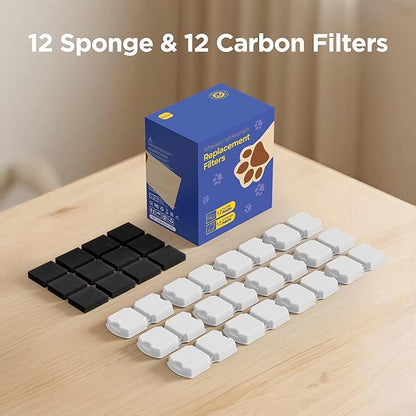 Pet Water Fountain Filters: Per Fountain Filter Replacement (24 Pcs) - 6 Months Set of Replacement Filters for ATMZIQXR S18 - Contains 12 Carbon Filters + 12 Sponges Filters