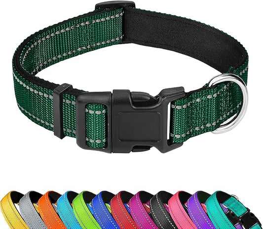 Reflective Dog Collar, Adjustable Soft Neoprene Padded Nylon Pet Collars with Buckle for Puppy and Small Dogs, Cats, Dark Green,XS
