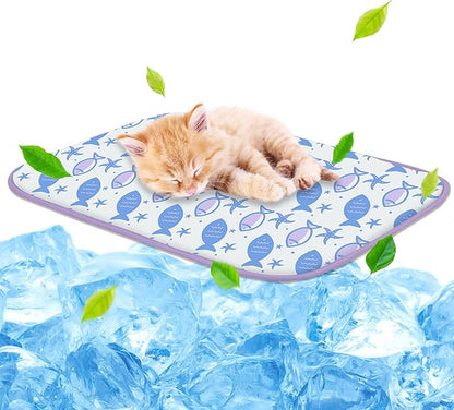 NWK Pet Cooling Mat - Ice Silk Cooling Mat for Dogs & Cats Portable & Washable Pet Cooling Blanket, Car Seats, Beds for Summer (1, Purple Fish, 16’’ X 20’’ X 0.3)