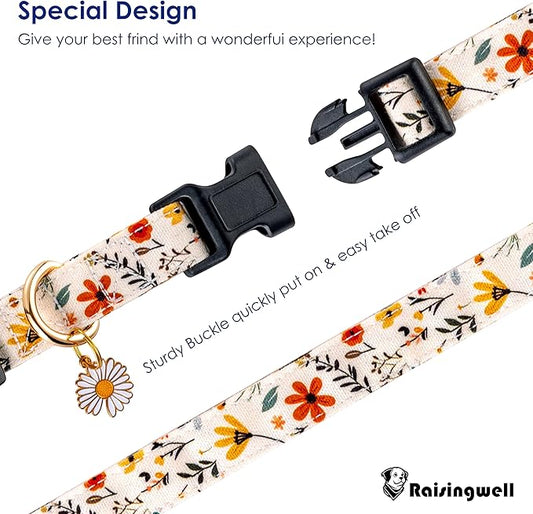 Cute Dog Collar Beige Flower Pattern for Boys and Girls Holiday Dog Collars Summer Fall Gift Adjustable for Medium to X-Large Breed Dogs (L)