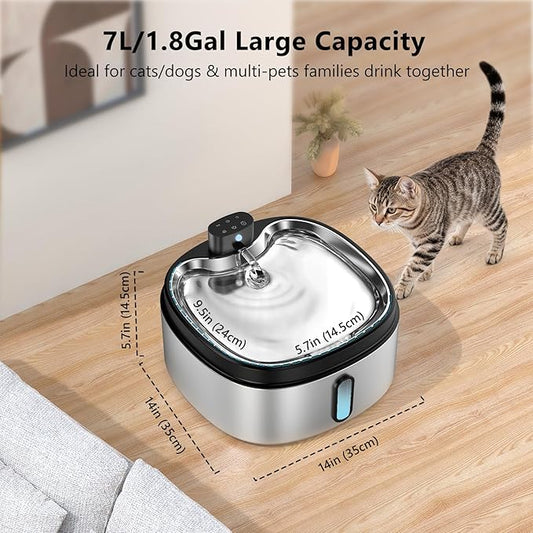 Wireless Cat/Dog Water Fountain 7L/236oz/1.8Gal, DRLWXYSJ Stainless Steel Battery Operated Cordless Automatic Pet Water Dispenser for Multi-Cats and Small to Large Dogs with Ultra Quiet Pump
