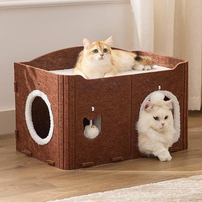 Joydeco Cat House for Indoor Cats, Extra Wide Scratch Resistant Felt Cat Condo, Hideaway Pet Cave Bed with Fluffy Ball and Tunnel for Kitten, Small Dogs, Rabbits, 22.4 x 13.7 x 14.9, Coffee