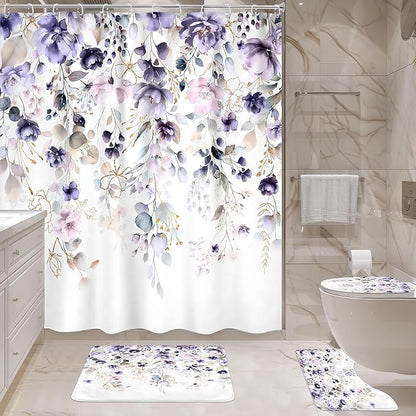 4 PCS Purple Floral Flower Shower Curtain Set 72Wx72H Inch Watercolor Pastel Complete Bathroom Set Non-Slip Bath Rug Toilet Lid Cover and U Shape Mat Accessories 12 Hooks Bathoom Decor