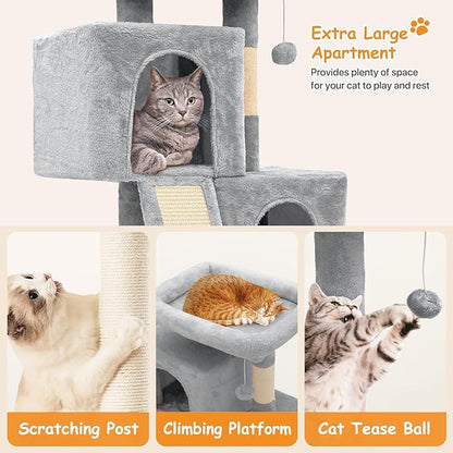 34'' Small Cat Tree with 2 Condos, Sisal Scratching Posts & Board, Multi-Level Climbing Tower for Indoor Cats, Sturdy Light Grey Cat Activity Center - Light Gray