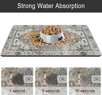 Dog Food Mats for Floors, Absorbent and Quick-Drying Pet Cat Food Mat,Anti-Fouling and Easy-to-Clean Pet Feeding Mat,Dog Bowl Mat for Messy Drinking Water Bowls.12 x20, Bohemia Style