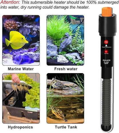 PULACO 200Watt Aquarium Heater for 25-50 Gallon Fish Tank, Adjustable Submersible Heater Thermostat with Thermometer Strip and Suction Cup
