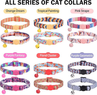Breakaway Cat Collars for Girl Boy Cats, Spring Summer All Weather Cat Collar Personalized Pattern 2 Pack,Cute Classic Safety Buckles and Bells,Adjustable Printed Nylon Colorful Kitten Collar